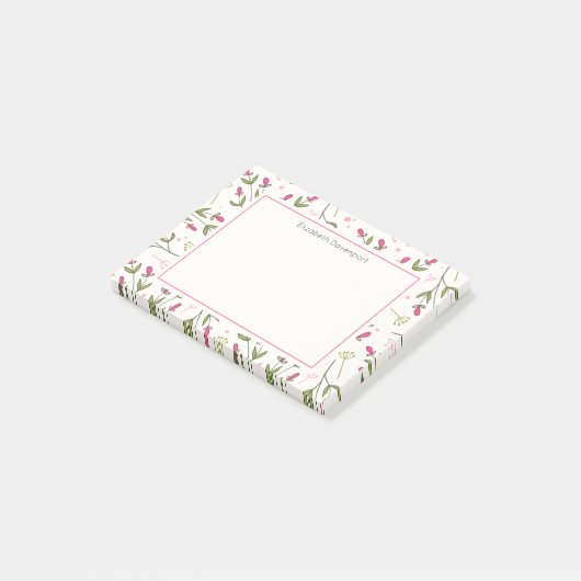 Roze en groene langlevende wilde bloemen post-it® notes (Schuin)