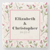 Roze en groene langlevende wilde bloemen stenen onderzetter (Voorkant)