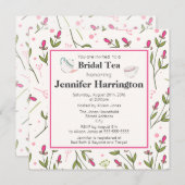 Roze en groene langstelige wilde bloemen bruidstea kaart (Voorkant / Achterkant)