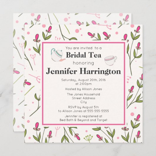 Roze en groene langstelige wilde bloemen bruidstea kaart (Voorkant / Achterkant)