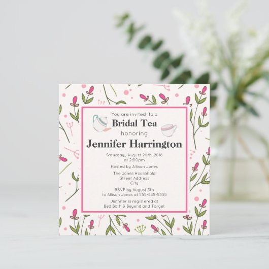 Roze en groene langstelige wilde bloemen bruidstea kaart (Staand voorkant)