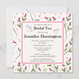 Roze en groene langstelige wilde bloemen bruidstea kaart