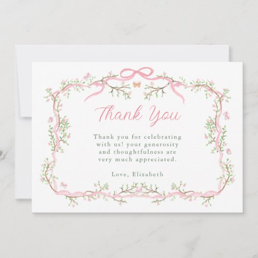 Roze en groene lente-tuin baby shower bedankkaart (Voorkant)