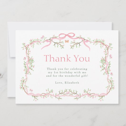 Roze en groene lentetuin 1e verjaardag bedankkaart (Voorkant)