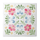 Roze en groene lenteweide bloemendecoratie tegeltje (Voorkant)