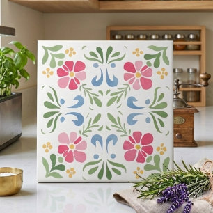 Roze en groene lenteweide bloemendecoratie tegeltje