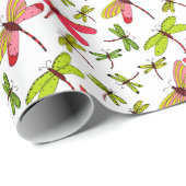 Roze en groene libellen cadeaupapier (Rol Hoek)