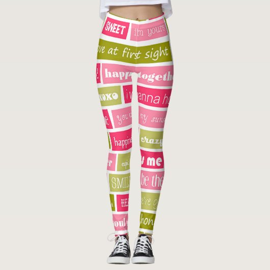 Roze en groene liefdesbrieven leggings (Voorkant)