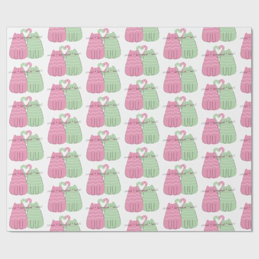 Roze en groene liefdeskatten cadeaupapier (Vlak)