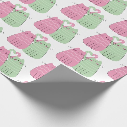 Roze en groene liefdeskatten cadeaupapier (Hoek)