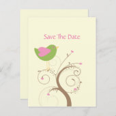 Roze en groene lovebird en harten redden de datum aankondigingskaart (Voorkant / Achterkant)