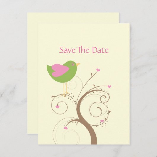 Roze en groene lovebird en harten redden de datum aankondigingskaart (Voorkant / Achterkant)