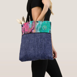 Roze en groene marmer en denim tote bag