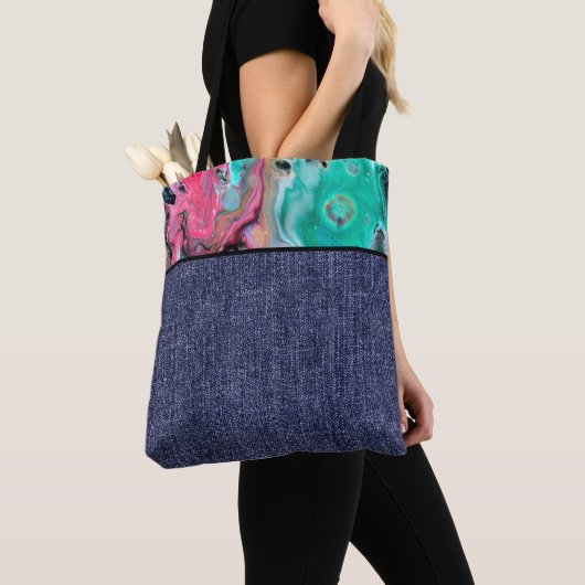 Roze en groene marmer en denim tote bag (Dichtbij)