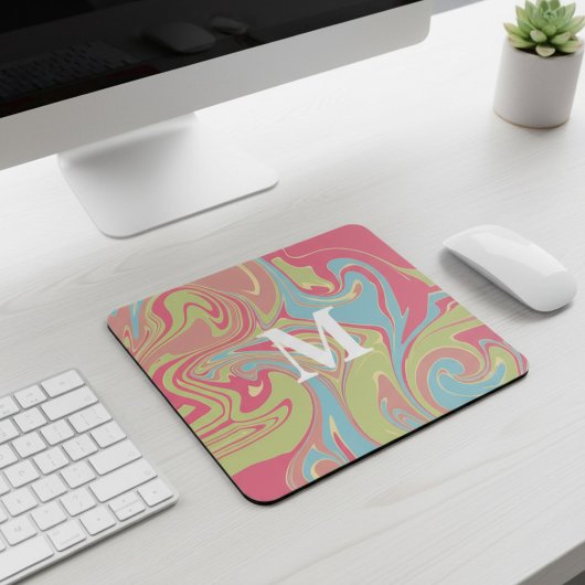 Roze en Groene Marmer Monogram Muismat