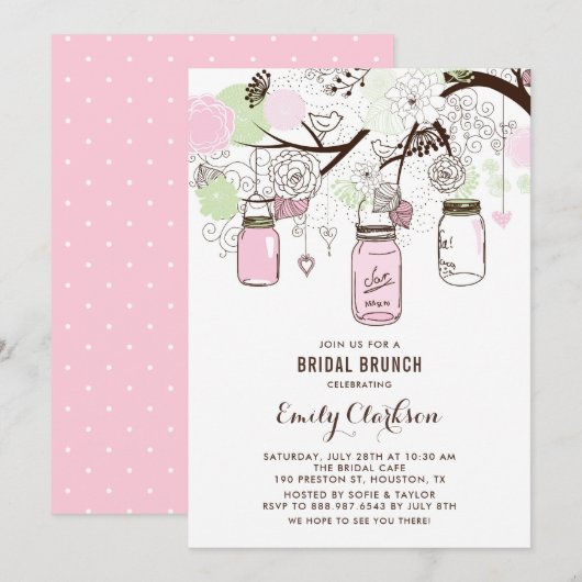 Roze en groene Mason Jars Floral Bridal Brunch Kaart (Voorkant / Achterkant)