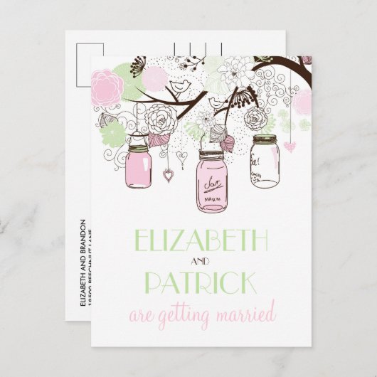 Roze en Groene Mason Jars sparen het Briefkaart va (Voorkant / Achterkant)