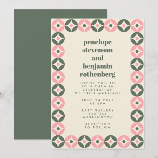 Roze en Groene Mid Mid Geometric Chic Wedding Kaart (Voorkant / Achterkant)