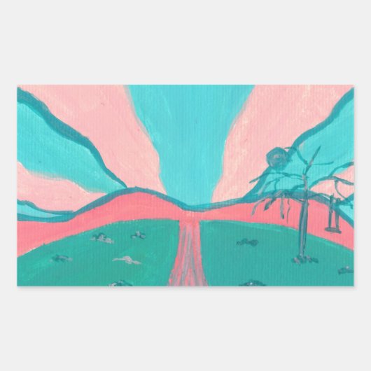Roze en groene minimalistische landschapsstickers rechthoekige sticker (Voorkant)