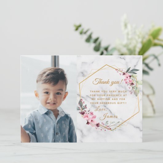 Roze en groene minimalistische witte marmer bedankkaart (Staand voorkant)