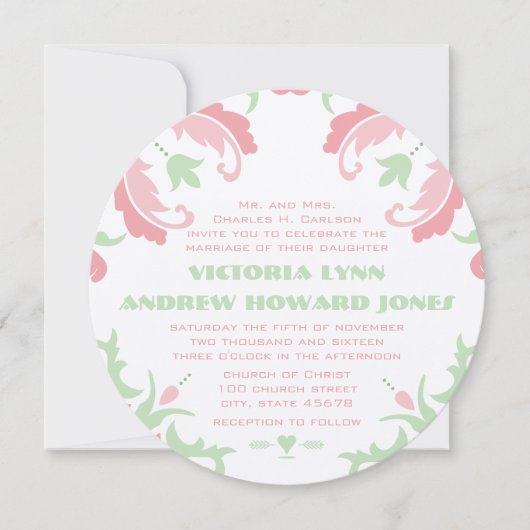 Roze en Groene  Modern Damask Wedding Kaart (Voorkant)