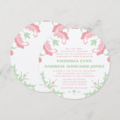 Roze en Groene  Modern Damask Wedding Kaart (Voorkant / Achterkant)