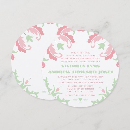Roze en Groene Modern Damask Wedding Kaart (Voorkant / Achterkant)