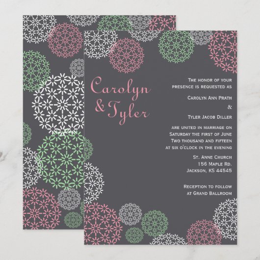 Roze en groene moderne Floral Wedding Kaart (Voorkant / Achterkant)