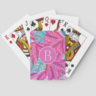 Roze en groene moderne tropische bladeren monogram pokerkaarten