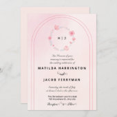 Roze en groene monogram Floral Wreath Kaart (Voorkant / Achterkant)