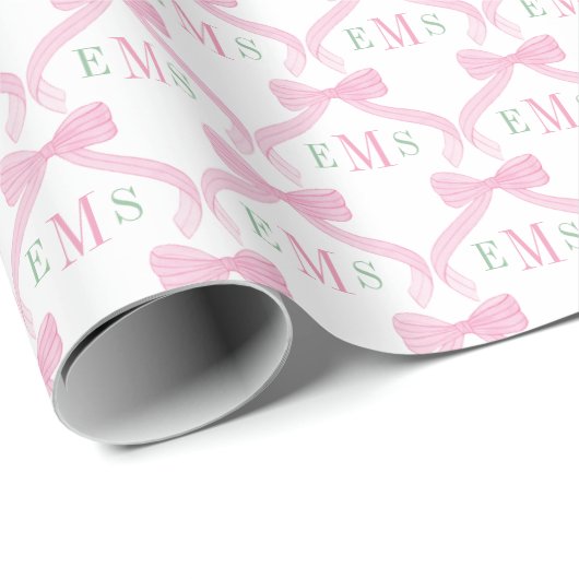 Roze en groene monogram linten baby meisje cadeaupapier (Rol Hoek)