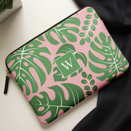Roze en groene monogrammen Monstera Leaves Laptop Sleeve