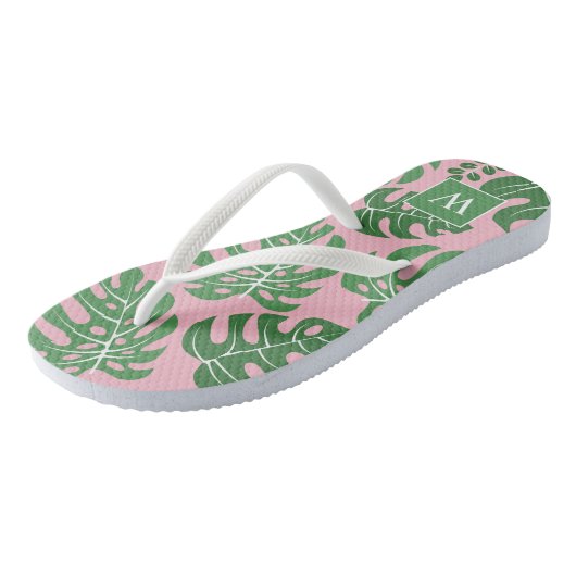 Roze en groene monogrammen Monstera Leaves Teenslippers (Schuin)
