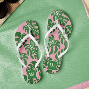 Roze en groene monogrammen Monstera Leaves Teenslippers