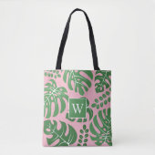 Roze en groene monogrammen Monstera Leaves Tote Bag (Voorkant)