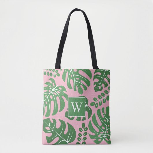 Roze en groene monogrammen Monstera Leaves Tote Bag (Voorkant)