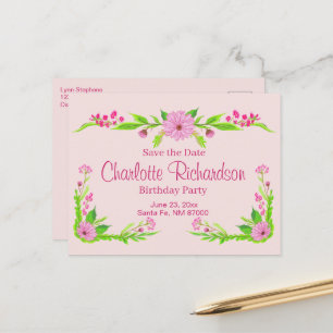 Roze en groene nostalgische Floral Briefkaart