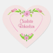 Roze en groene nostalgische Floral Heart Sticker (Voorkant)