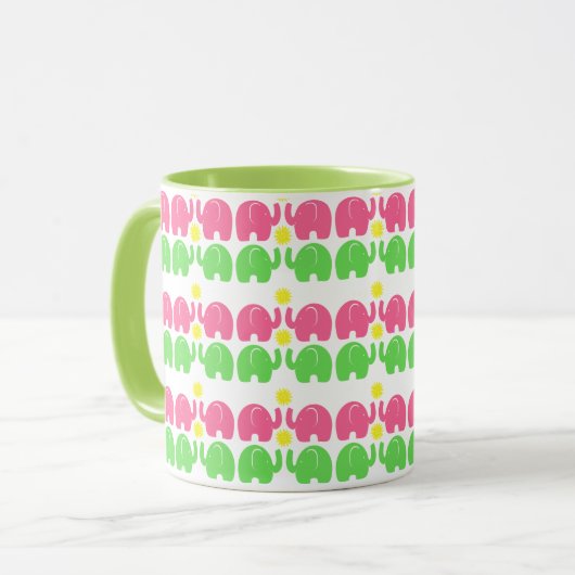 Roze en groene olifanten met bloemen mok (Voorkant links)