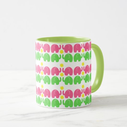 Roze en groene olifanten met bloemen mok (Voorkant rechts)