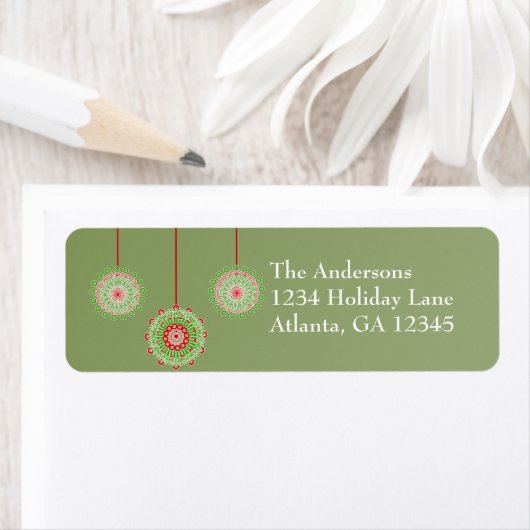 Roze en groene Ornamenten voor kerstgroen Etiket (Insitu)