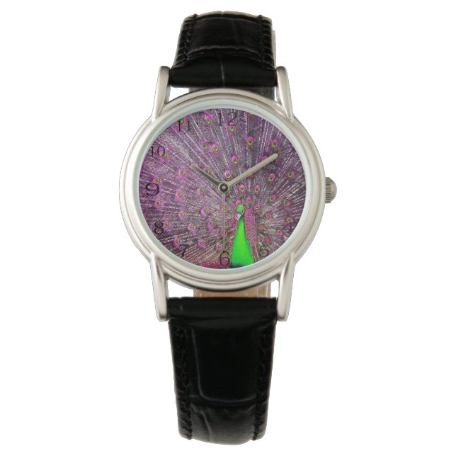 Roze en groene pacock, horloge (Voorkant)