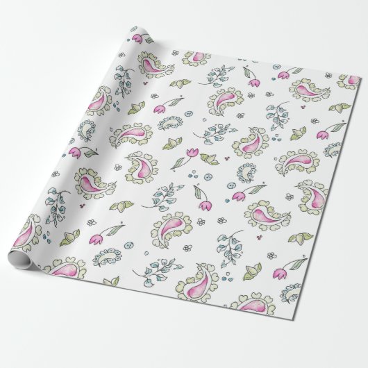 Roze en groene Paisl en waterverf Wrapping Paper Cadeaupapier (Uitgerold)