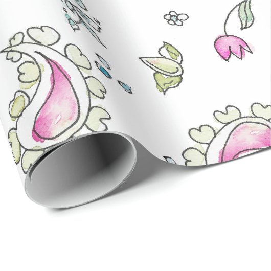 Roze en groene Paisl en waterverf Wrapping Paper Cadeaupapier (Rol Hoek)