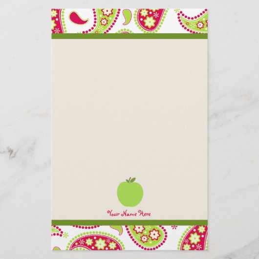 Roze en groene Paisley Apple Teacher Stationery Briefpapier (Voorkant)