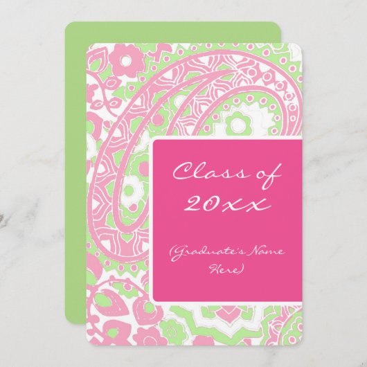 Roze en Groene Paisley Graduation Party Kaart (Voorkant / Achterkant)