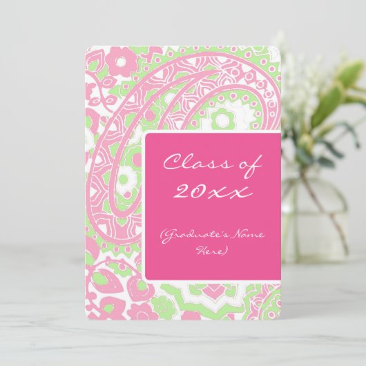 Roze en Groene Paisley Graduation Party Kaart (Staand voorkant)