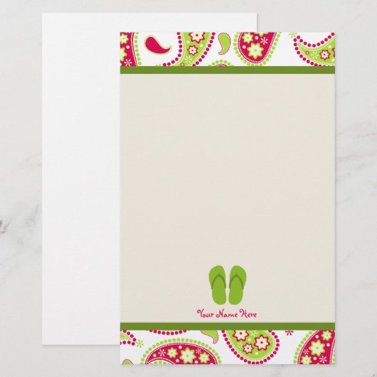 Roze en groene paisley, Groene Teenslippers — Stat Briefpapier (Voorkant / Achterkant)