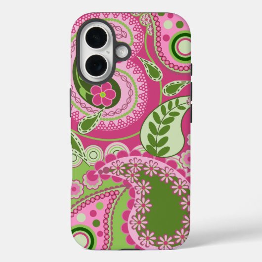 Roze en groene Paisley iPhone 16 hoesje (Achterkant)