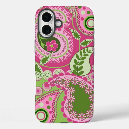 Roze en groene Paisley iPhone 16 hoesje (Achterkant)